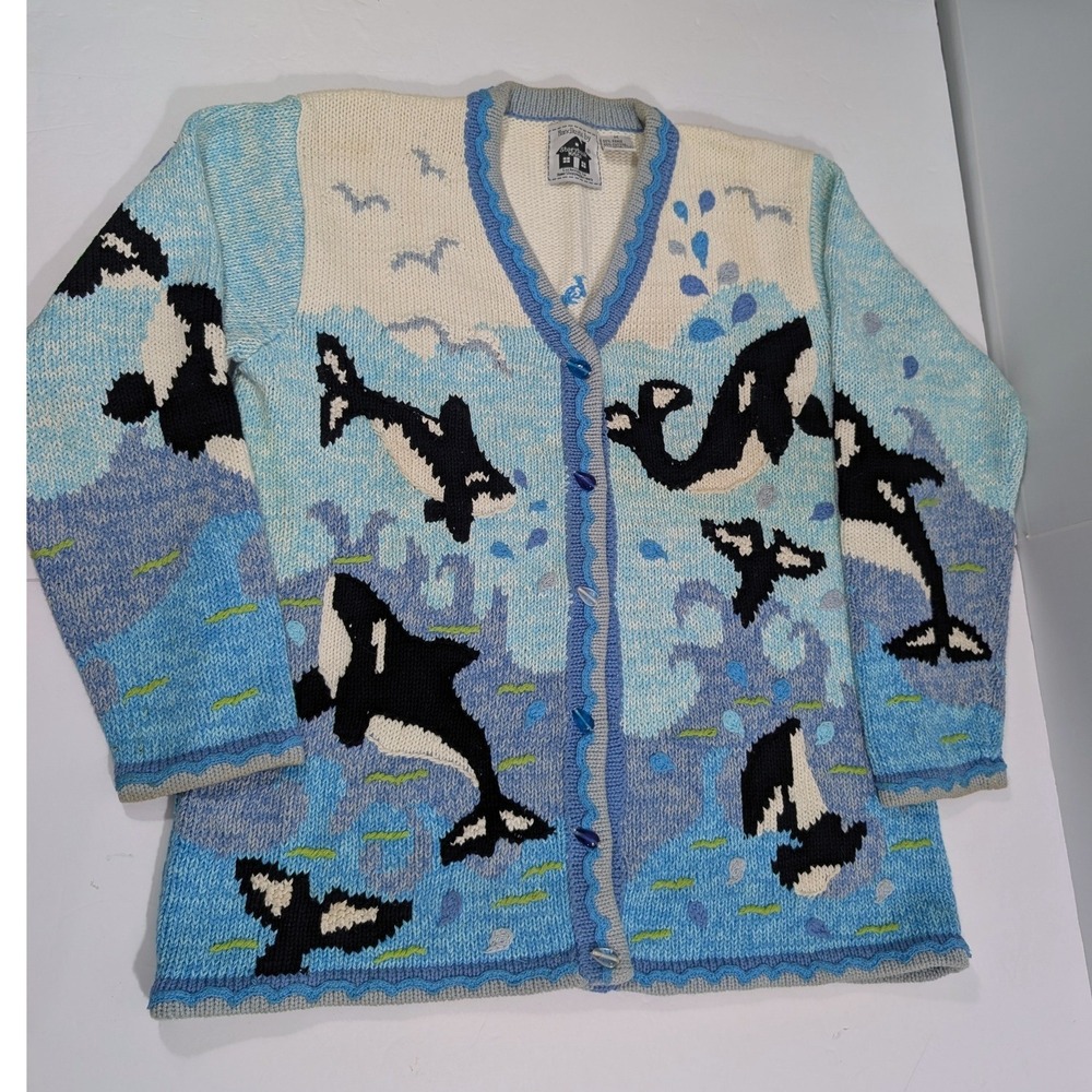 Vintage 80s 90s Northern Isles Orca Killer Whale Cardigan Sweater Blue Ocean